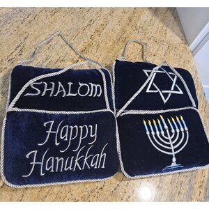 Lot of 4 Happy Hanukkah Shalom Menorah Star Blue Silver Velvet Hanging Pillows